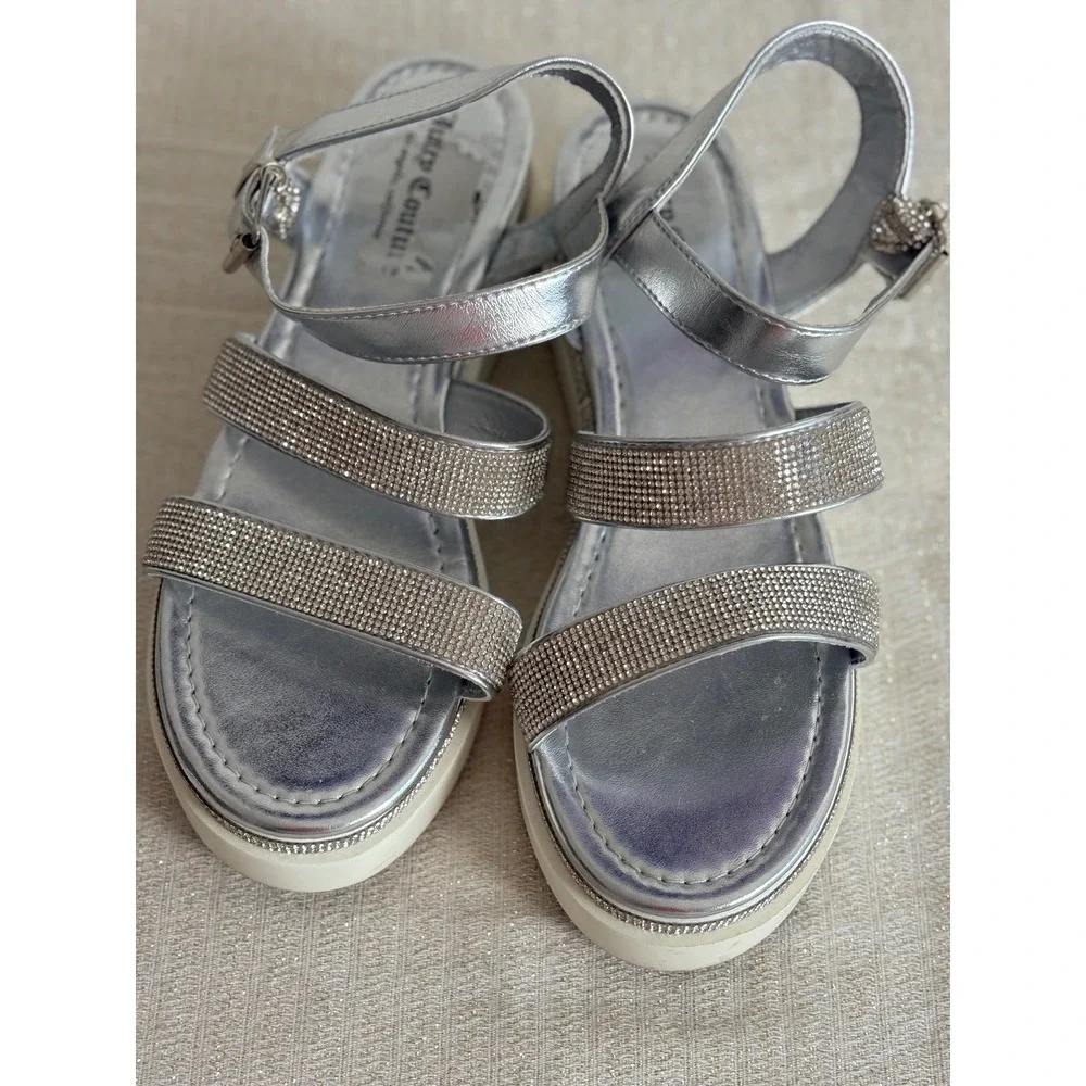 Juicy Couture Tonko‎ Silver Metallic Rhinestone Platform Sandals Womens 9.5
